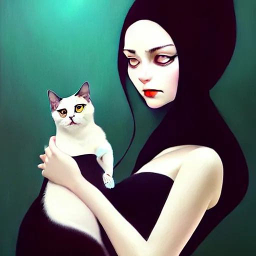 Image similar to a painting of a woman holding a cat, a photorealistic painting by tran nguyen and ilya kuvshinov, featured on deviantart, gothic art, goth, gothic, detailed painting