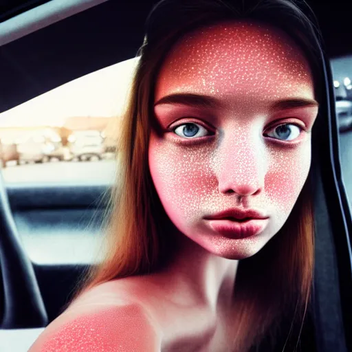 Image similar to beautiful hyperrealism hyperdetailed selfie of a cute young woman sitting in her car, flushed face, red blush, light freckles, puffy lips, soft features, 8 k, sharp focus, art by irakli nadar