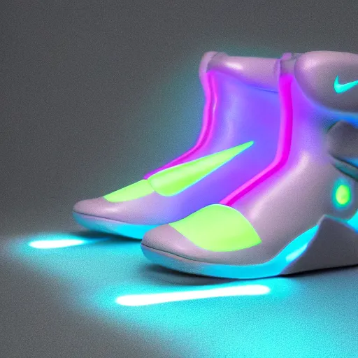 Image similar to nike mags, glow, neon, centered, designed by sawoozer, ultra detailed, artstation, akitipe studios, octane render 8 k, vray render 4 k, realistic