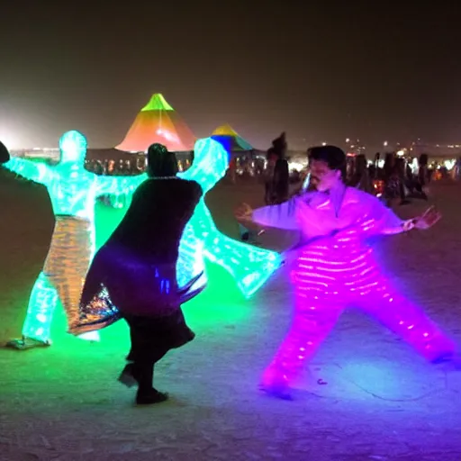 Image similar to a panda wearing led - lined clothing dancing at night on a busy playa at burning man