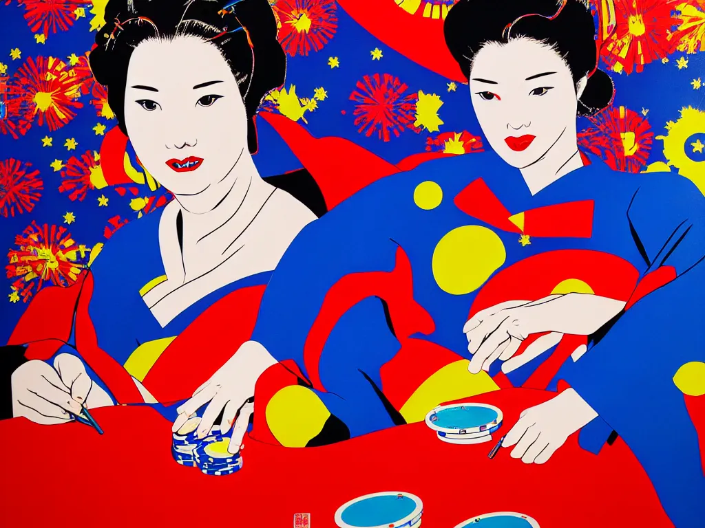 Prompt: hyperrealism composition of the detailed woman in a japanese kimono sitting at a poker table with superman, fireworks on the background, pop - art style, jacky tsai style, andy warhol style, acrylic on canvas