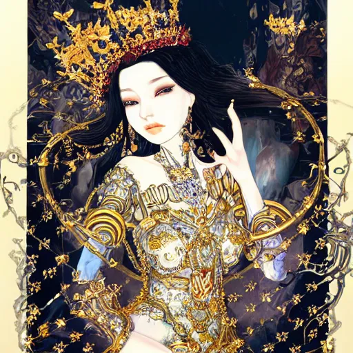 Image similar to a beautiful black haired woman with pale skin and a crown on her head sitted on an intricate metal throne, flower decoration on the background, beautiful illustration, atmosphere, top lighting, perfect composition, smooth, highly detailed, art by so - bin and yuhong ding and chengwei pan,