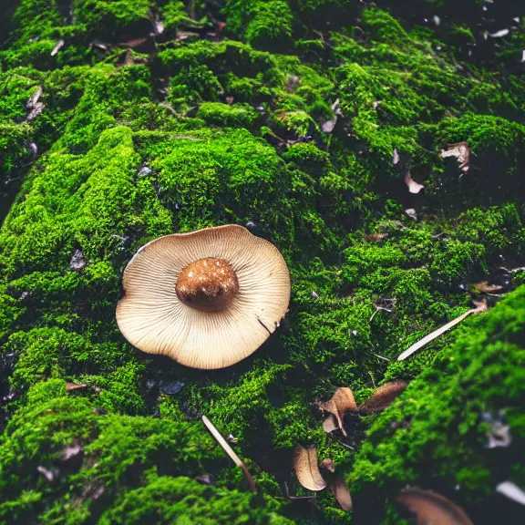 Prompt: a single mushroom, moss and leaves on the floor, depth of field, f / 2. 8, photography