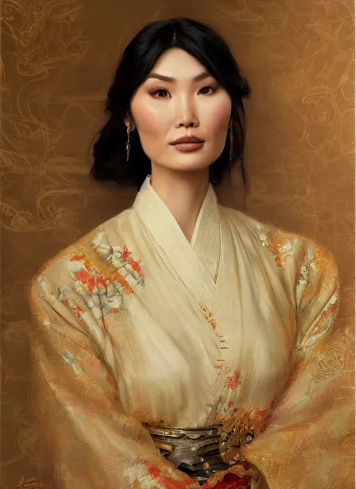 Image similar to detailed portrait of gemma chan wearing hanfu, natural light, painting by gaston bussiere, craig mullins, j. c. leyendecker