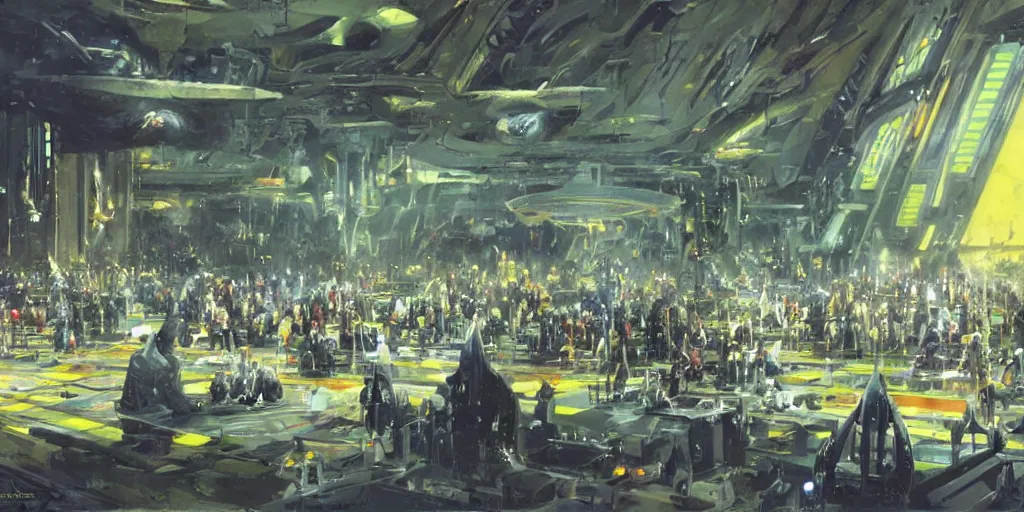 Prompt: aliens praying in a futuristic church, concept art by Ralph McQuarrie, by John Berkey, oil on canvas, highly detailed, science fiction