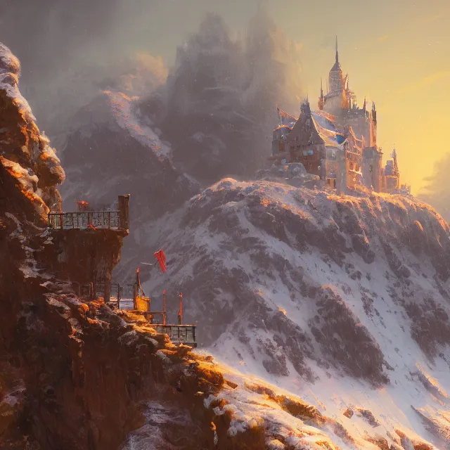 Prompt: a painting of a castle in the middle of a snowy mountain, a detailed matte painting by andreas rocha and greg rutkowski, vibrant colors, golden hour, red flag, featured on artstation, fantasy art, matte drawing, matte painting, artstation hq