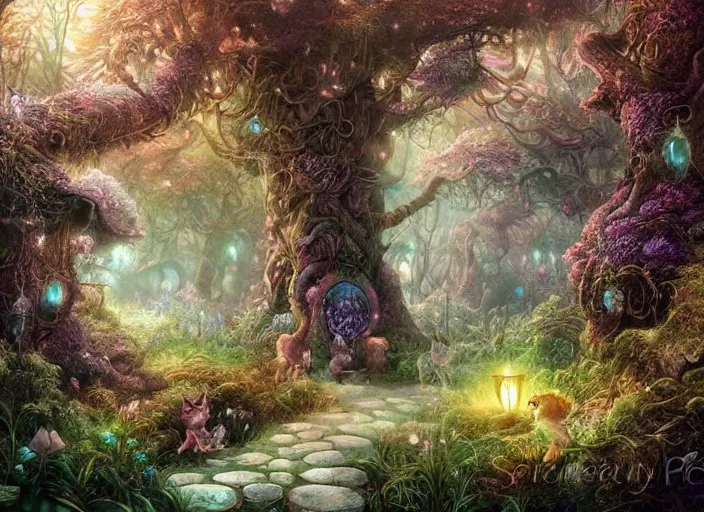 Image similar to magical fantasy forest, magical cat creatures, path traced, highly detailed, high quality, digital painting, by studio ghibli, lise deharme, alexander jansson, paul lehr, tim white, hans zatzka, george stubbs, louis wain