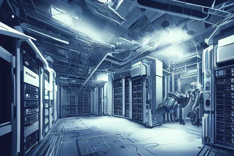 Image similar to parallax datacenter server room interior single mono colossus white rusty android robosaurus artstation cinematic detailed concept art volumetric light sharp coherent cgsociety symmetric perfect well balanced shadows lotr alien retrofuturism