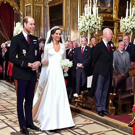 Image similar to photos of the duke of cambridge prince william marrying gary busey, happy couple, human faces, official photos, wedding photo, royal wedding, photos trending on twitter, trending photo on instagram