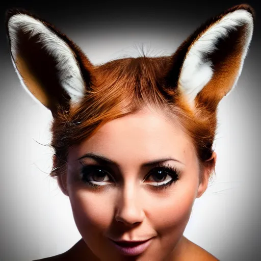 Prompt: woman with fox ears and fox facial features, furry face, close - up, headshot, detailed, symmetric