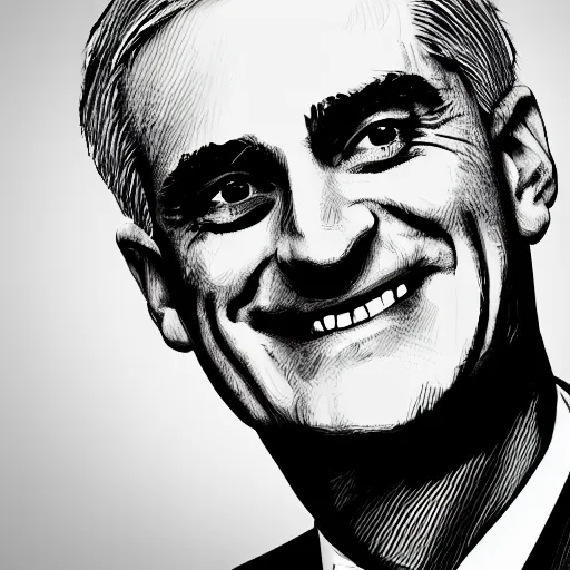 Image similar to digital portrait of secretary of denis mcdonough face, glowing eyes, light shining from eyes, evil laugh, menacing, villain, clean lines, clean ink