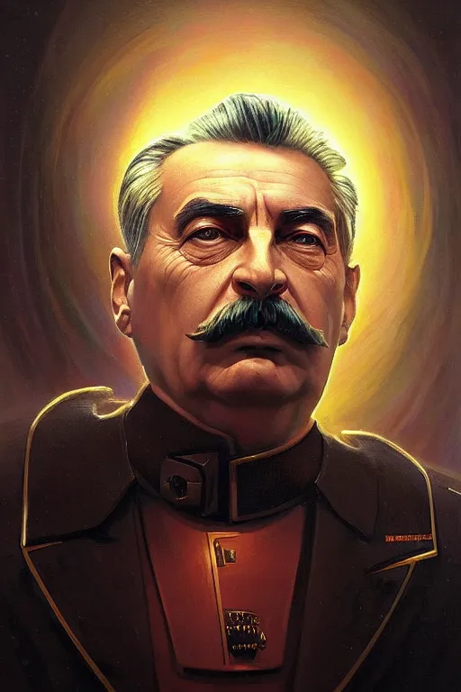 Prompt: a portrait of intergalactic joseph stalin, grim - lighting, high - contrast, intricate, elegant, highly detailed, centered, digital painting, artstation, concept art, smooth, sharp focus, illustration, artgerm, tomasz alen kopera, peter mohrbacher, donato giancola, joseph christian leyendecker, wlop, boris vallejo