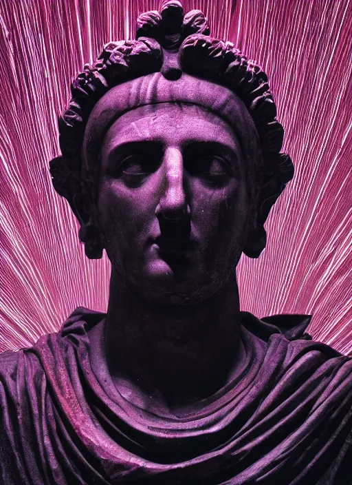 Image similar to dark design poster showing a statue of a roman emperor, black background with very subtle red and purple design elements, powerful, nekro, vito acconci, thin straight lines, dark, glitch art, neo vaporwave, gritty, layout frame, square, extremly detailed, trending on artstation