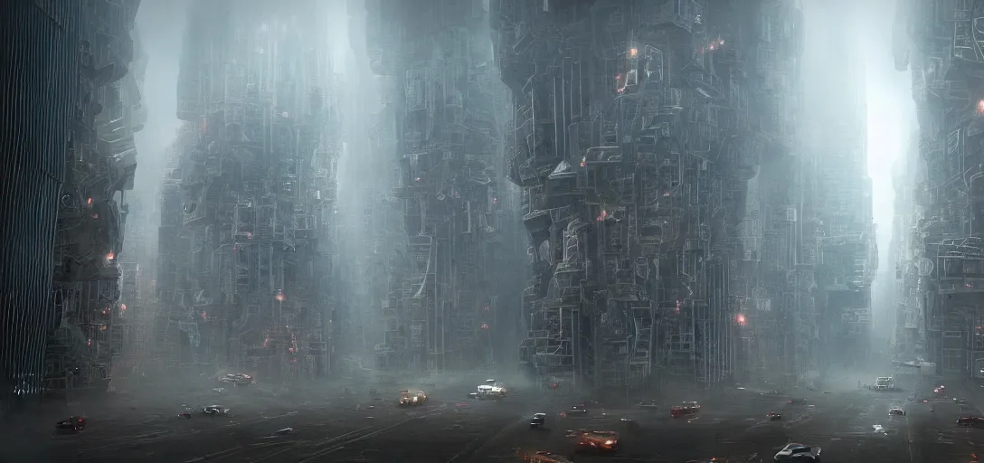 Image similar to a complex organic fractal 3 d metallic symbiotic ceramic humanoid megastructure creature invading a city, foggy, cinematic shot, photo still from movie by denis villeneuve, wayne barlowe