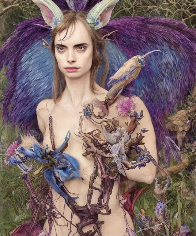 Image similar to a portrait photograph of a meditating fierce krysten ritter as a colorful harpy antilope super hero with blue skin with scales. she is being transformed into a tree. by donato giancola, hans holbein, walton ford, gaston bussiere, peter mohrbacher and brian froud. 8 k, cgsociety, fashion editorial