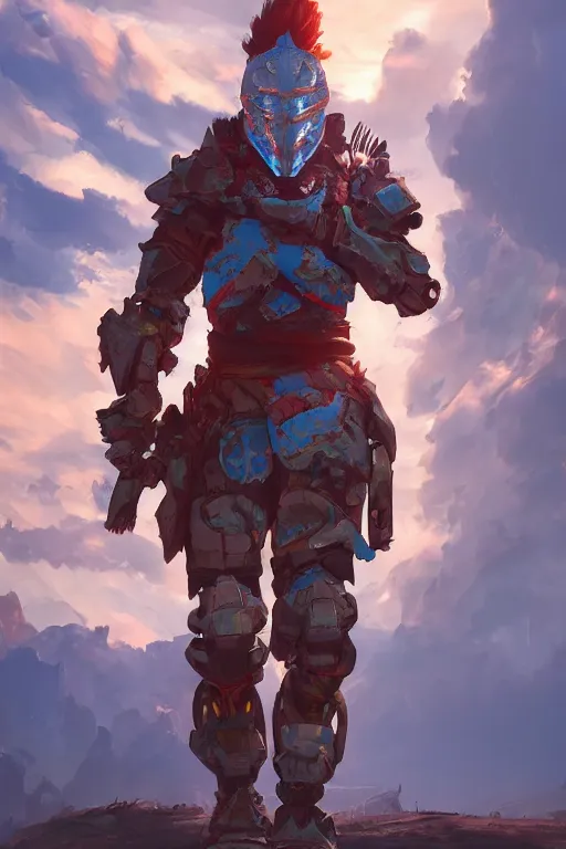 Image similar to combination suit armor aloy horizon forbidden west horizon zero dawn radiating a glowing aura global illumination ray tracing hdr fanart arstation by ian pesty and alena aenami artworks in 4 k tribal robot ninja mask helmet backpack