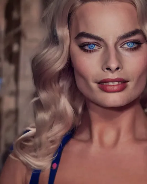 Image similar to body shot of margot Robbie wearing a cosplay costume, detailed face, 4k, hd, cinematic