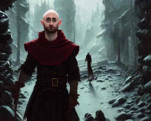 Image similar to highly detailed portrait of daniel radcliffe as a fantasy bald elf mage, in skyrim, stephen bliss, unreal engine, fantasy art by greg rutkowski, loish, rhads, ferdinand knab, makoto shinkai and lois van baarle, ilya kuvshinov, rossdraws, tom bagshaw, global illumination, radiant light, detailed and intricate environment