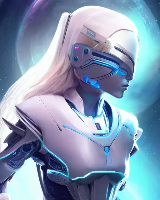 Image similar to perfect android girl on a mothership, warframe armor, beautiful face, scifi, futuristic, galaxy, nebula, raytracing, dreamy, long white hair, blue cyborg eyes, sharp focus, cinematic lighting, highly detailed, artstation, divine, by gauthier leblanc, kazuya takahashi, huifeng huang