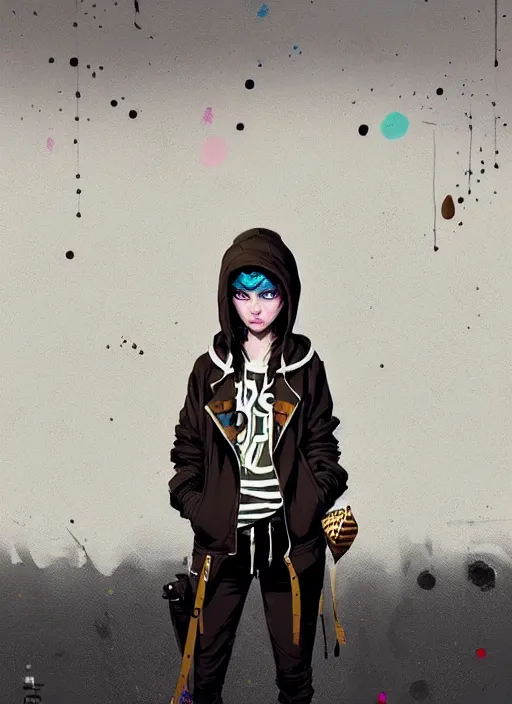 Image similar to highly detailed portrait of a sewer punk lady student, blue eyes, burberry hoodie, white hair by atey ghailan, by greg rutkowski, by greg tocchini, by james gilleard, by joe fenton, by kaethe butcher, gradient gold, black, brown and pink color scheme, grunge aesthetic!!! ( ( graffiti tag wall background ) )