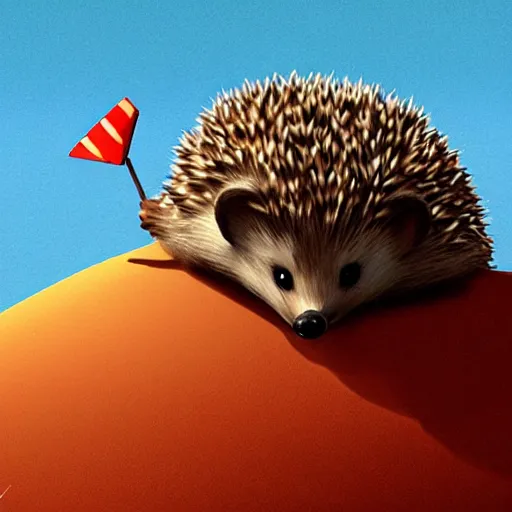 Image similar to a hedgehog on top of a big hill, about to jump to win the race, ilustration art by Goro Fujita,realistic
