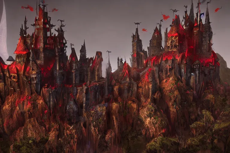 Prompt: big evil castle - city rock dark shadow elves, might and magic heroes 7, dark fantasy, shadows, artstation trending, unreal engine 5, red