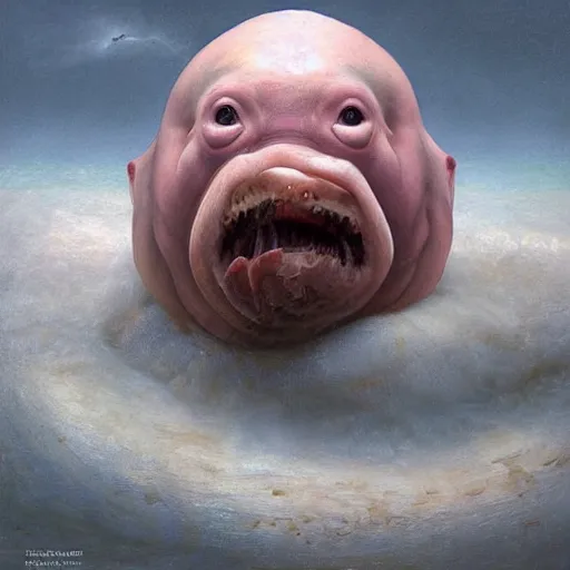 Image similar to vladimir putin blobfish, blobfish putin hybrid, putin face, vladimir putin anthropomorphic transformation, macabre, horror, by donato giancola and greg rutkowski and wayne barlow and zdzisław beksinski, realistic face, visible face, digital art