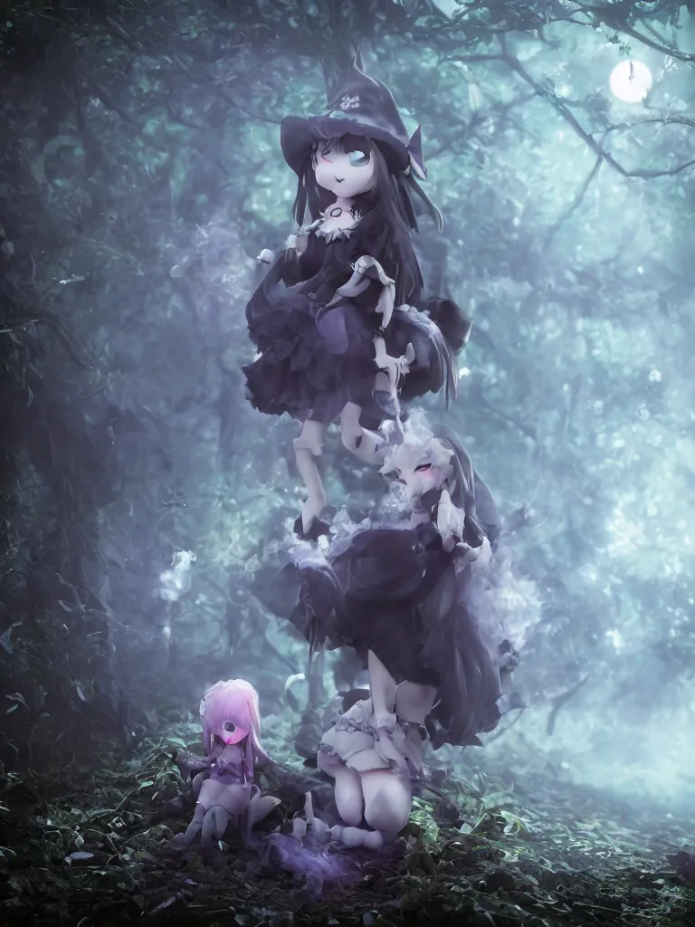 Image similar to cute fumo plush of a frail cursed witch girl wandering the depths of the forbidden jungle, gothic wraith maiden, wispy smoke and volumetric fog, beyond the mirror, filmic, symmetric beauty, moonlight midnight glow, vignette, vray