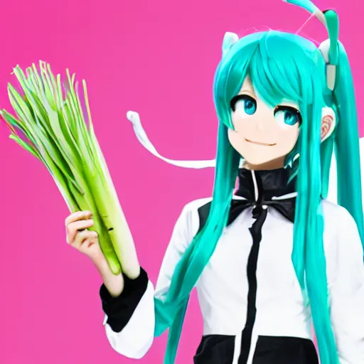 Image similar to hatsune miku with a leek in her hand