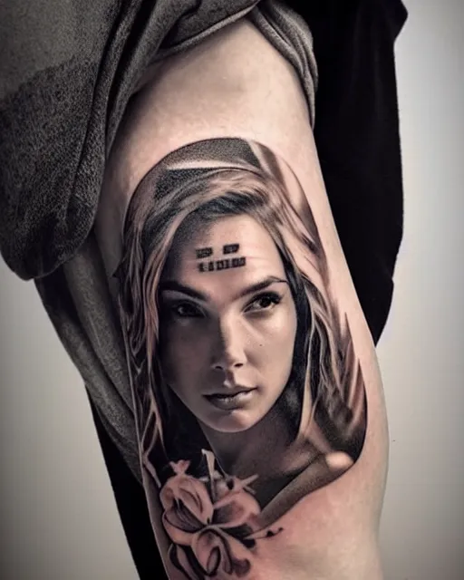 Image similar to creative double exposure effect tattoo design sketch of beautiful gal gadot faded with beautiful mountain scenery, realism tattoo, in the style of matteo pasqualin, amazing detail, sharp