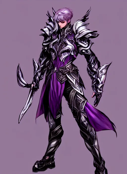 Image similar to Full body portrait of a handsome elven aristocrat with short hair wearing purple heavy armor. In style of Yoji Shinkawa and Hyung-tae Kim, trending on ArtStation, dark fantasy, great composition, concept art, highly detailed, dynamic pose.