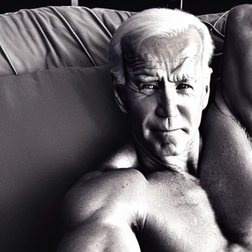 Prompt: a selfie of a shirtless, muscular, handsome joe biden, laying seductively on a couch. photo taken on an iphone 1 2.