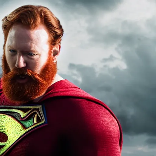 Image similar to angriestpat with red beard starring as superman, movie still, 8 k