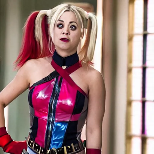 Image similar to A still of Kaley Cuoco as Harley Quinn