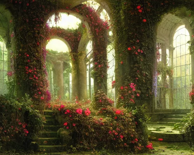 Prompt: Arcane temple of love, ivy and florid overgrowth, flowers, radiant light, ferdinand knab