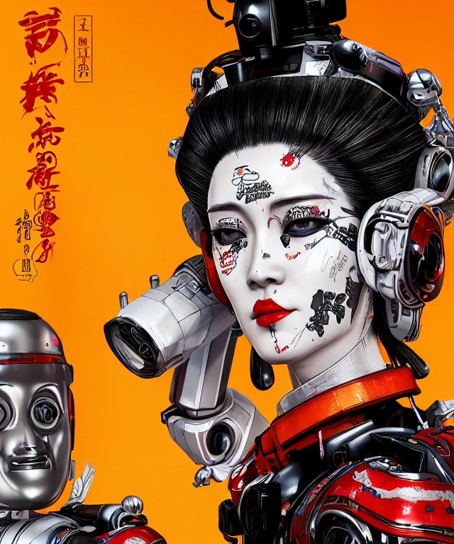 Image similar to an epic fantastic realism comic book style portrait painting of a japanese robotic geisha with kanji tattoos and decals, apex legends, octane render, intricate detail, 4 k hd, unreal engine 5