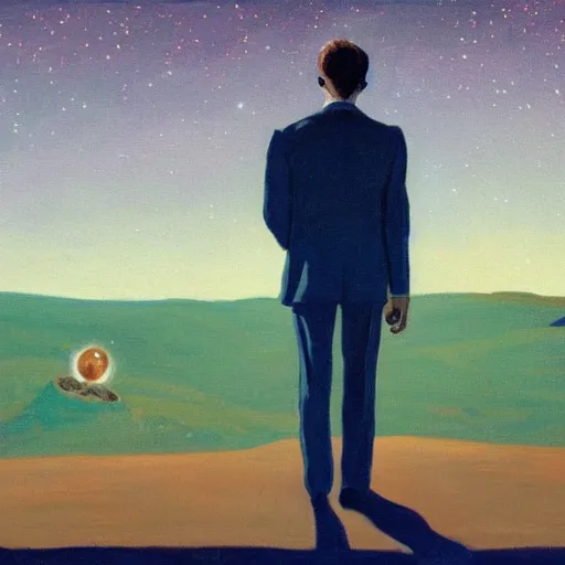 Image similar to a painting of a man walking down a lonely street on another planet and the sky is covered in stars, the head of the man is a skull, he is wearing a suit, in the style of edward hopper, 4 k,