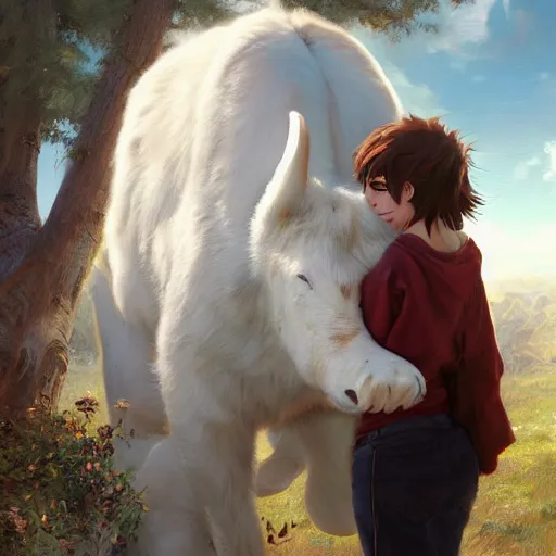 Image similar to a person hugging a large white animal, a detailed painting by krenz cushart, pixiv contest winner, fantasy art, official art, detailed painting, pixiv. highly detailed. 4 k masterpiece. unreal engine. photorealistic. realism. cinematic. photorealism. wideshot