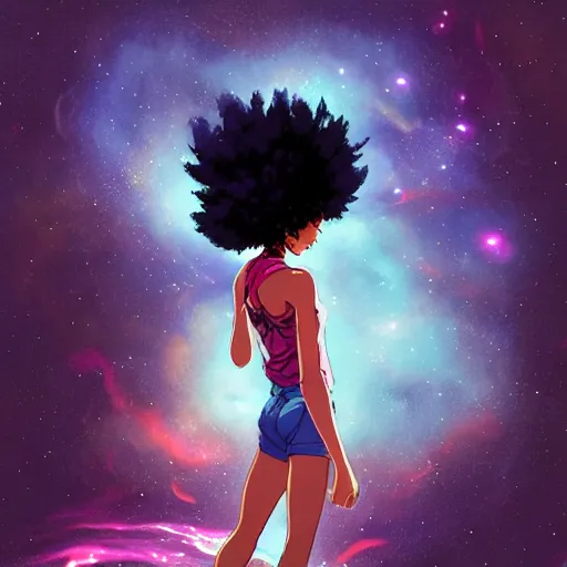 Prompt: ( a young black girl with a nebula afro ), dancing on a cloud in a lightning storm, trending on pixiv fanbox, painted by makoto shinkai takashi takeuchi studio ghibli, akihiko yoshida, yoshitaka amano, wangechi mutu, clean cel shaded vector art, retrowave colors, illustration, hd, 8 k