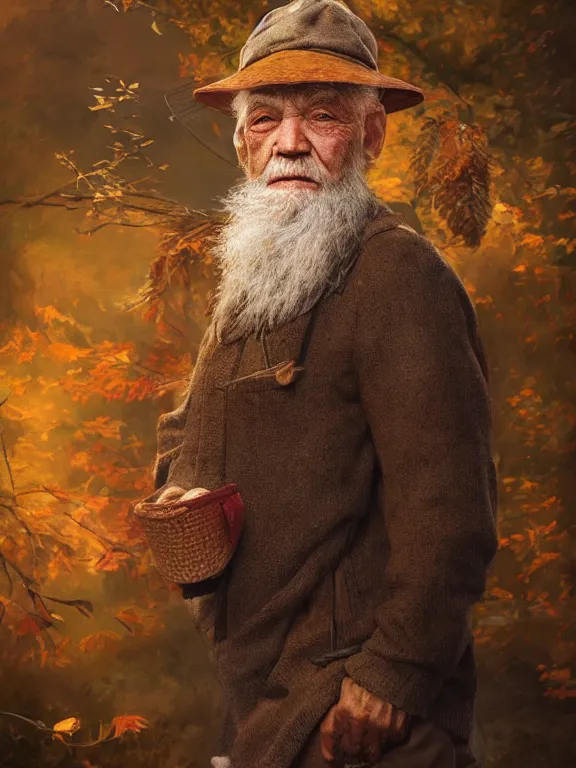 Prompt: realistic renderings portrait of very old fisher man portrait with a hat, port scene background, astonishing scenes, detailed, photorealism, volumetric lighting, autumn lights colors, ultra detailed