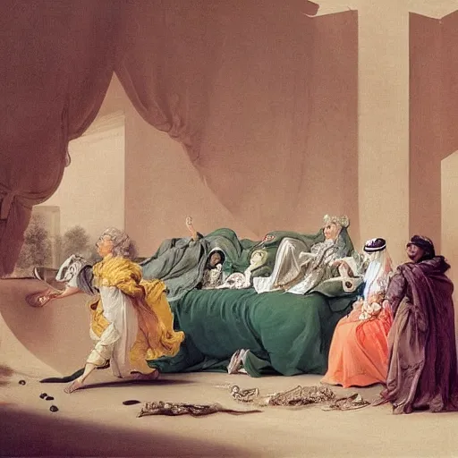 Image similar to saudi arabia in the style and the language of Rococo, reimagining the dynamism of works by eighteenth-century artists such as Giovanni Battista Tiepolo, François Boucher, Nicolas Lancret and Jean-Antoine Watteau through a filter of contemporary cultural references including film, food and consumerism