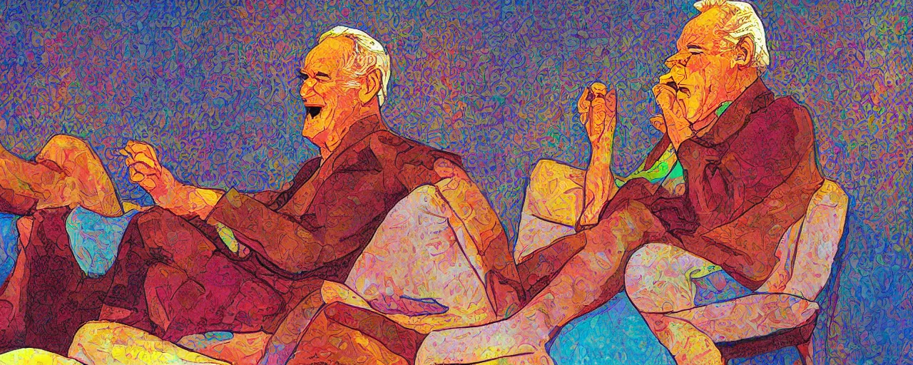 Prompt: an awesome digital art masterpiece of timothy leary laughing while sitting on a pillow giving a talk to a small audience, in the style of jean giraud