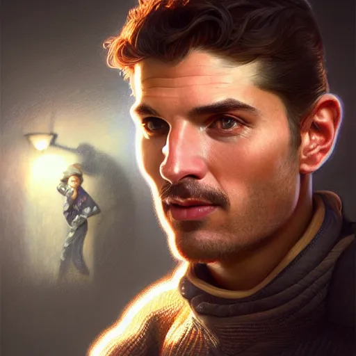 Image similar to portrait of former hockey player and coach Lou Vairo, fantasy, intricate, elegant, highly detailed, digital painting, artstation, concept art, smooth, sharp focus, luxury fashion illustration, art by artgerm and greg rutkowski and alphonse mucha, brightly lit cinematic soft lighting, photorealistic