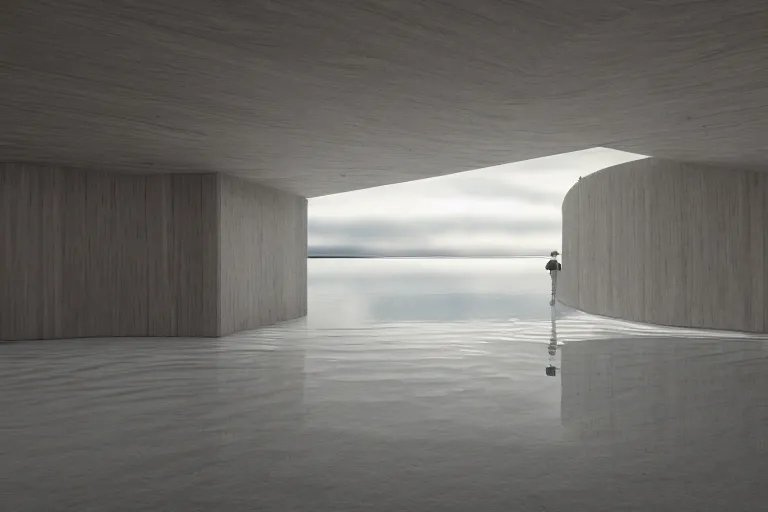 Image similar to a building formed by the combination of cloud shaped spaces on the calm lake, human perspective, future, interior wood, marble, award winning, highly detailed 4 k art, dusk, unreal engine highly rendered, global illumination, radial light, internal environment by kazuyo sejima