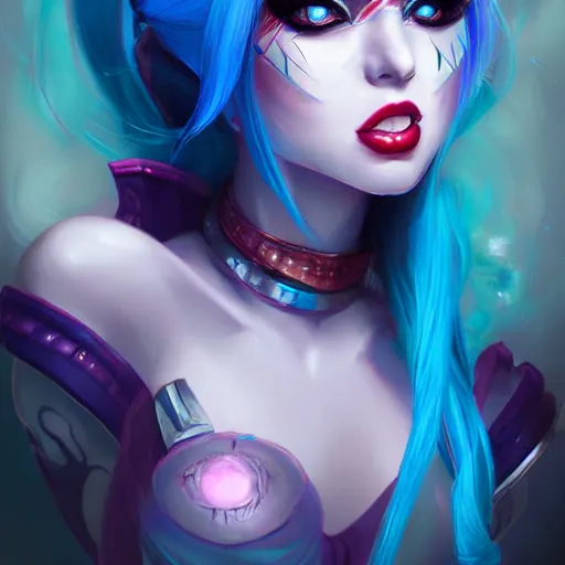 Prompt: jinx from league of legends, blue hair, digital art portrait, arcane style, artwork by ross tran