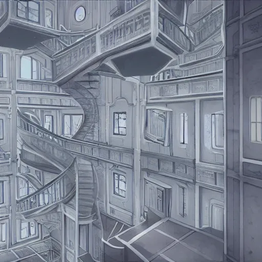 Image similar to a flood of slime in a bright white hallway with many doors and many stairs, Mc Escher architecture, epic composition, by Makoto Shinkai