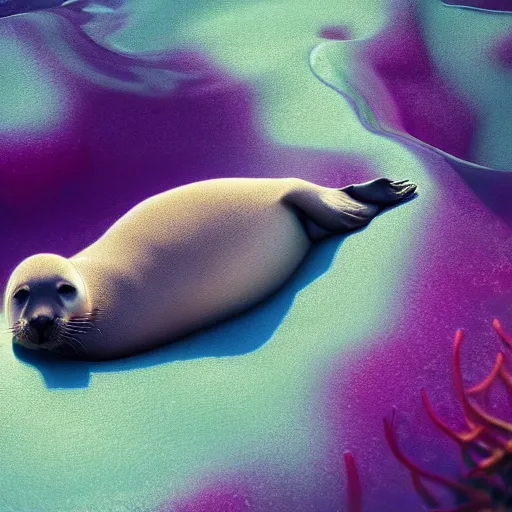 Image similar to Prince in pastel!!, A seal sleeping peacefully in a kelp forest, cinematic, hyper realistic, detailed, 8k, octane render.