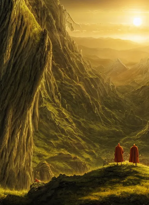 Image similar to a cosmic monk in lord of the rings scenery landscape, looking out at a vast lush valley at sunrise, alien temple on another planet, god's rays, highly detailed, vivid color, cinematic lighting, perfect composition, 8 k, gustave dore, derek zabrocki, greg rutkowski, belsinski, octane render