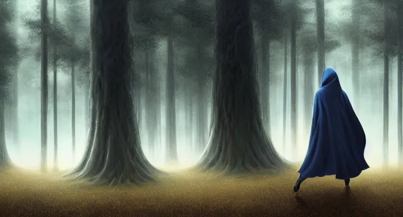 Prompt: handsome mage running away from giant tree, black hair wearing square hooded gothic navy cloak with gold details, misty forest, movie action still frame, ultra wide horizon, intricate, elegant, highly detailed, hyperrealism, digital painting, concept art, smooth, sharp, focus, illustration, art by artgerm, greg rutkowski, ilya kuvshinov