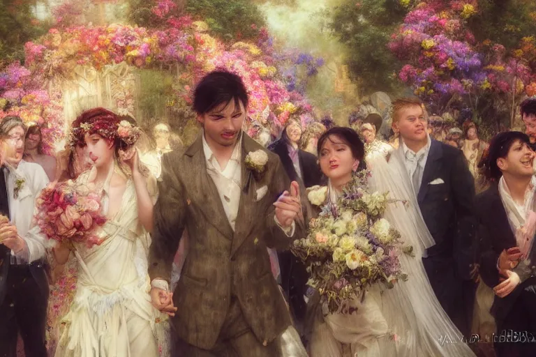 Image similar to the groom look at the bride at a wedding full of flowers, bright and happy, dreamlike art, highly detail, 4 k realistic, wedding photoy krenz cushart, artem demura, yoji shinkawa artgerm, jon lothian, danilo torres. adi meyers. thomas reimann. gaston bussiere.